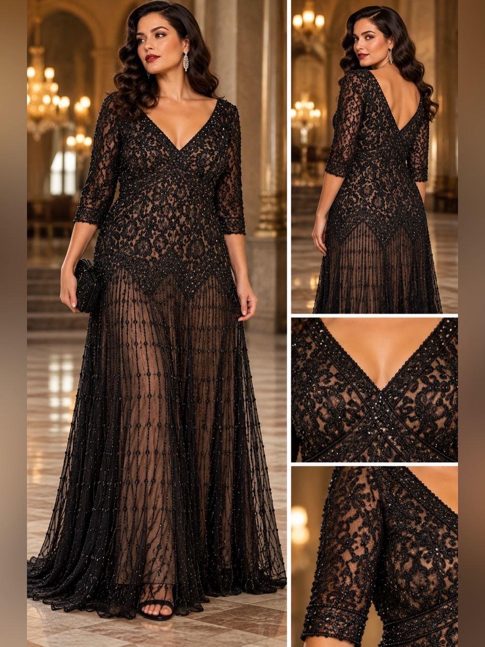 Deadstock NWT Pisarro Nights D-1151P Black Art Deco Beaded Gown Nordstrom 12P